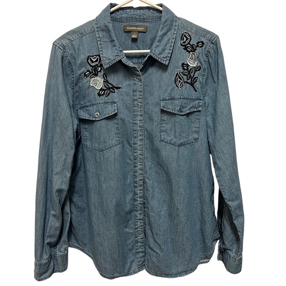 ALEXANDER Jordan Denim Button Down Embroidered Roses Blouse, Size Large - Picture 4 of 11